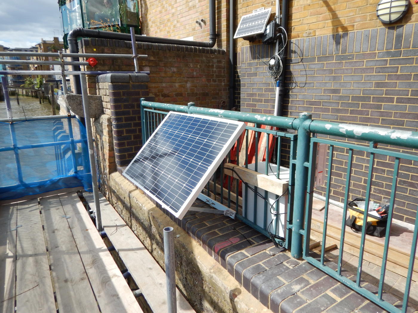 Solar panel powering the data logger at Duke Shore Wharf