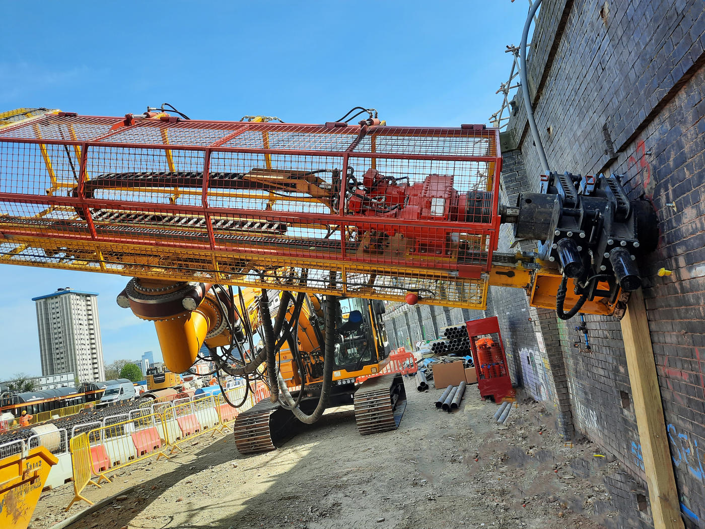 Keller rig installing ground anchors in a retaining wall.