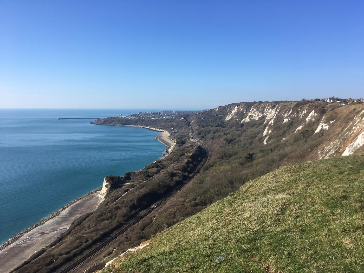 Coastal view showing rail lines from near work site.